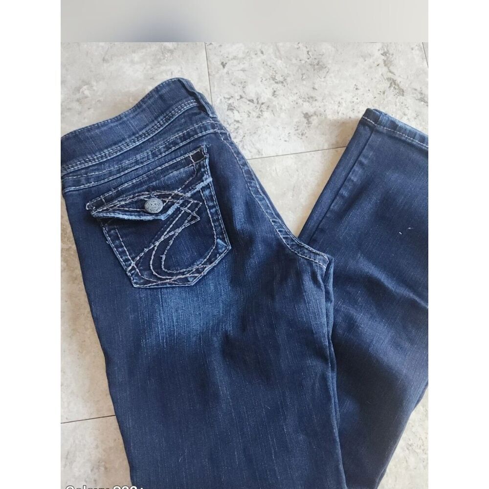 78 Silver Suki Surplus Dark Wash Thick Stitch Flap Pocket Designer Jeans 29x32